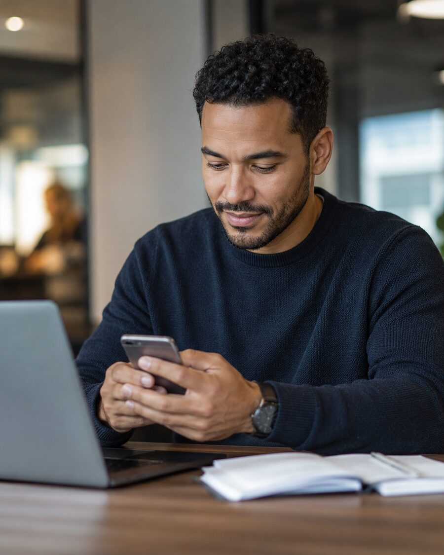 Un homme commande son déjeuner depuis son téléphone, à son bureau